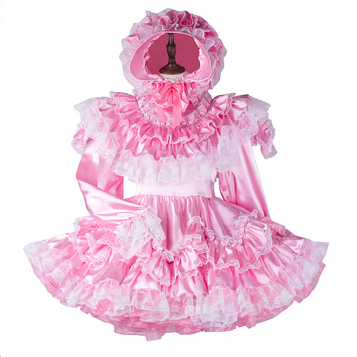 Fondcosplay Handmade Lockable Sissy Maid Satin Dress Pink Frilly Costume with Bonnet [G2364]