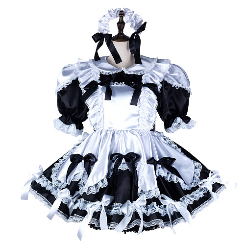 Fondcosplay Handmade Lockable Sissy Maid Satin Dress Black and White with Bows Crossdressing Costume [G2350]