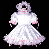 Fondcosplay Lockable Sissy Maid Crossdressing White Satin Dress with Pink Ruffles [G2393]
