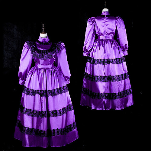 Fondcosplay Handmade Lockable Satin Purple Sissy Maid Top and Skirt Set with Black Lace [G2368]