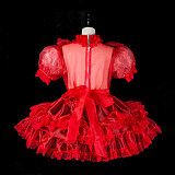 Fondcosplay Handmade Lockable Sissy Maid Organza Dress Red Ruffle Crossdressing Costume [G2362]