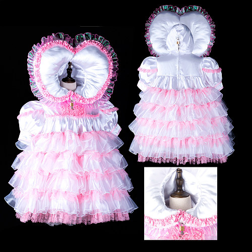 Fondcosplay Handmade Lockable Satin & Organza Heart Hood Ruffled Sissy Dress [G2391]