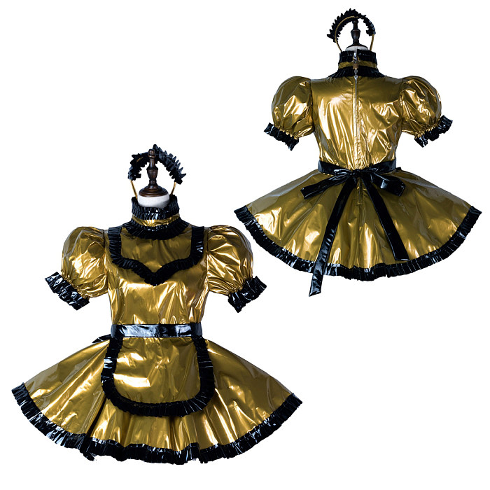 Fondcosplay Lockable Sissy Maid Thin PVC Dress Gold and Black Crossdressing  Costume  Handmade French Maid Outfit [G2356]
