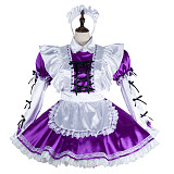 Fondcosplay Lockable Purple and White Satin Sissy Maid Crossdressing Dress with Apron and Headpiece [G2405]