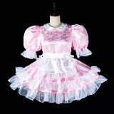 Fondcosplay Lockable Pink Satin Sissy Maid Crossdressing Dress with Apron and Bonnet [G2407]