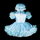 Fondcosplay Lockable Light Blue Satin and Organza Sissy Maid Crossdressing Dress with Bonnet [G2399]