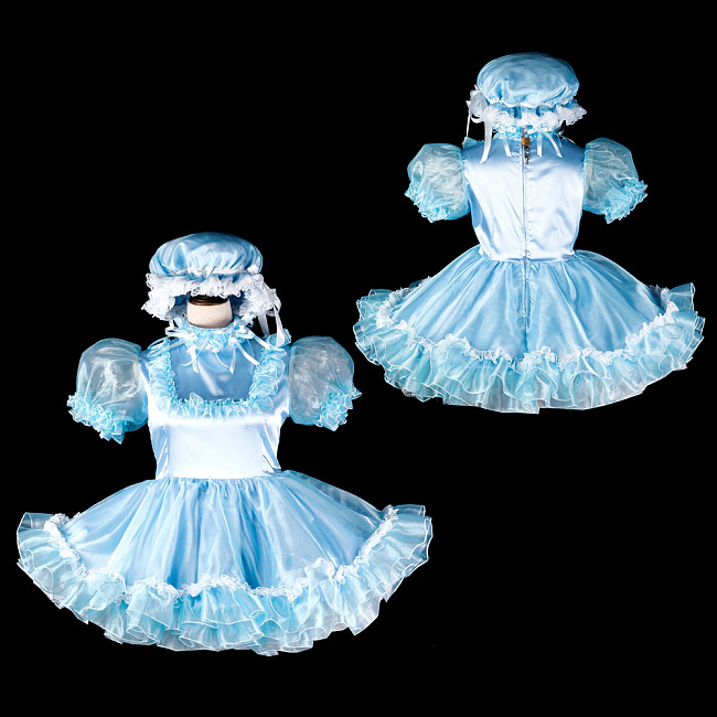 Fondcosplay Lockable Light Blue Satin and Organza Sissy Maid Crossdressing Dress with Bonnet [G2399]