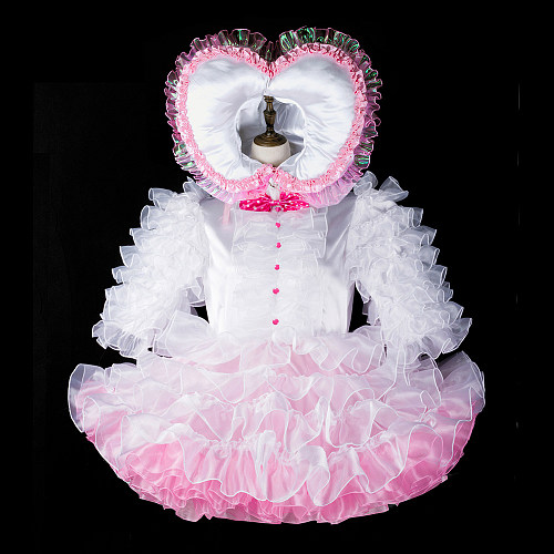 Fondcosplay Lockable White and Pink Satin Organza Sissy Maid Crossdressing Dress with Heart Hood [G2398]
