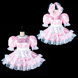 Fondcosplay Lockable Pink Satin Sissy Maid Crossdressing Dress with Apron and Bonnet [G2407]