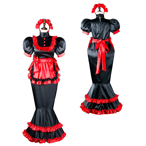 Fondcosplay Lockable Black and Red Satin Sissy Maid Crossdressing Long Dress with Apron and Headpiece [G2406]