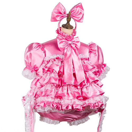Fondcosplay Lockable Pink Satin Ruffled Sissy Maid Crossdressing Romper with Headbow and Handcuffs [G2424]