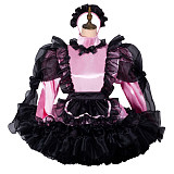 Fondcosplay Lockable Pink and Black Satin Sissy Maid Crossdressing Dress with Apron and Headpiece [G2415]