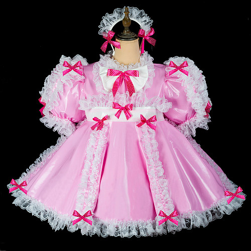 Fondcosplay Lockable Pink Thin PVC Sissy Maid Crossdressing Dress with Lace and Headpiece [G2413]
