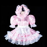 Fondcosplay Lockable Pink Satin Sissy Maid Crossdressing Dress with Apron and Bonnet [G2407]
