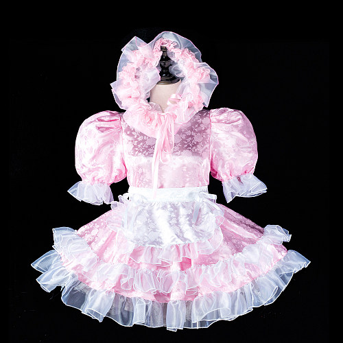 Fondcosplay Lockable Pink Satin Sissy Maid Crossdressing Dress with Apron and Bonnet [G2407]