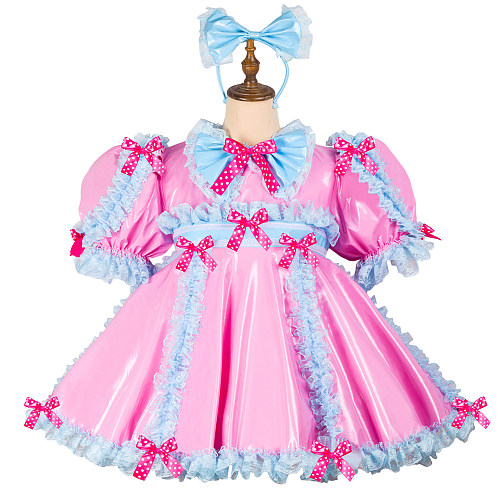 Fondcosplay Lockable Pink Thin PVC Sissy Maid Crossdressing Dress with Blue Lace and Headbow [G2421]