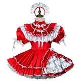 Fondcosplay Lockable Red Satin Sissy Maid Crossdressing Dress with White Ruffles and Headpiece [G2422]