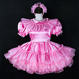 Fondcosplay Lockable Pink Satin Sissy Maid Crossdressing Dress with Headpiece [G2401]