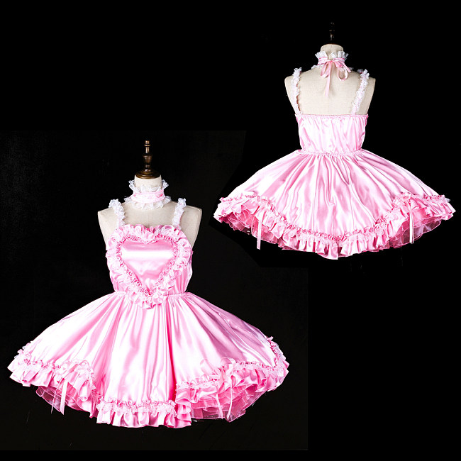 Fondcosplay Pink Satin Sissy Maid Crossdressing Dress with Heart-Shaped Detail [G2403]