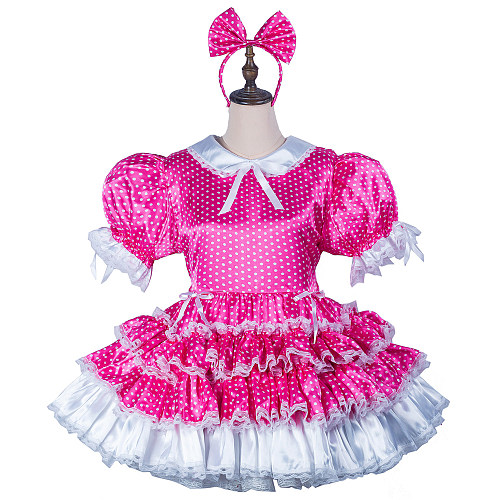 Fondcosplay Lockable Pink Polka Dot Satin Sissy Maid Crossdressing Dress with White Ruffles and Headbow [G2423]