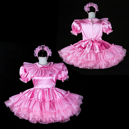 Fondcosplay Lockable Pink Satin Sissy Maid Crossdressing Dress with Headpiece [G2401]