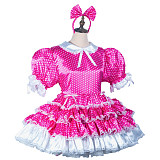 Fondcosplay Lockable Pink Polka Dot Satin Sissy Maid Crossdressing Dress with White Ruffles and Headbow [G2423]