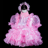 Fondcosplay Lockable Pink Satin and Organza Sissy Maid Crossdressing Dress with Headpiece [G2409]