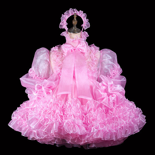 Fondcosplay Lockable Pink Organza Sissy Maid Crossdressing Dress with Headpiece [G2417]