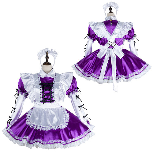 Fondcosplay Lockable Purple and White Satin Sissy Maid Crossdressing Dress with Apron and Headpiece [G2405]
