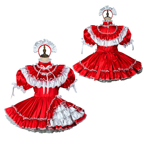 Fondcosplay Lockable Red Satin Sissy Maid Crossdressing Dress with White Ruffles and Headpiece [G2422]