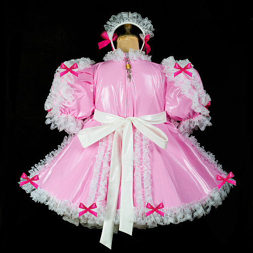 Fondcosplay Lockable Pink Thin PVC Sissy Maid Crossdressing Dress with Lace and Headpiece [G2413]