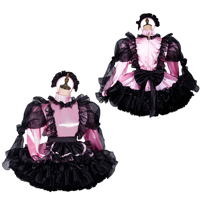 Fondcosplay Lockable Pink and Black Satin Sissy Maid Crossdressing Dress with Apron and Headpiece [G2415]