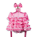 Fondcosplay Lockable Pink Satin Ruffled Sissy Maid Crossdressing Romper with Headbow and Handcuffs [G2424]