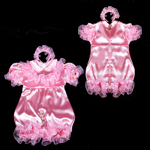 Fondcosplay Lockable Pink Satin Sissy Maid Crossdressing Jumpsuit with Ruffle Detail [G2404]