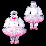 Fondcosplay Lockable White and Pink Satin Organza Sissy Maid Crossdressing Outfit with Bonnet and Ruffled Bloomers [G2402]