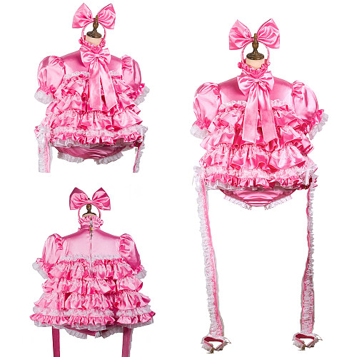 Fondcosplay Lockable Pink Satin Ruffled Sissy Maid Crossdressing Romper with Headbow and Handcuffs [G2424]