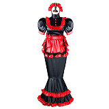 Fondcosplay Lockable Black and Red Satin Sissy Maid Crossdressing Long Dress with Apron and Headpiece [G2406]