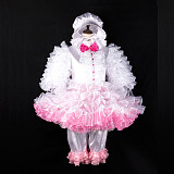 Fondcosplay Lockable White and Pink Satin Organza Sissy Maid Crossdressing Outfit with Bonnet and Ruffled Bloomers [G2402]