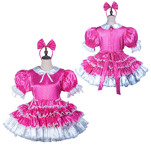 Fondcosplay Lockable Pink Polka Dot Satin Sissy Maid Crossdressing Dress with White Ruffles and Headbow [G2423]