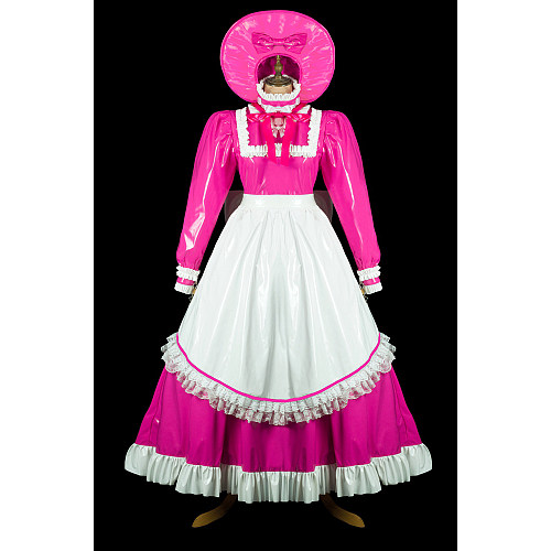 Fondcosplay Lockable Hot Pink Thin PVC Sissy Maid Crossdressing Long Dress with Apron and Bonnet [G2419]