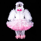 Fondcosplay Lockable White and Pink Satin Organza Sissy Maid Crossdressing Outfit with Bonnet and Ruffled Bloomers [G2402]