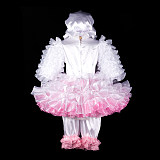 Fondcosplay Lockable White and Pink Satin Organza Sissy Maid Crossdressing Outfit with Bonnet and Ruffled Bloomers [G2402]