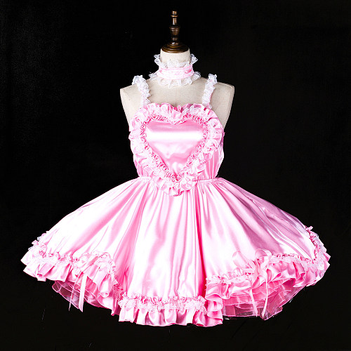 Fondcosplay Pink Satin Sissy Maid Crossdressing Dress with Heart-Shaped Detail [G2403]
