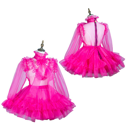 Fondcosplay Hot Pink Organza Lockable Sissy Maid Dress with Ruffle Skirt – Crossdressing Outfit [G3732]