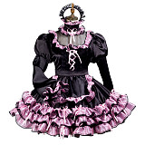 Fondcosplay Black & Pink Satin Lockable Sissy Maid Dress with Apron and Headpiece – Crossdressing Outfit [G3729]