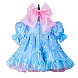 Fondcosplay Lockable Blue Satin and Organza Sissy Maid Dress with Pink Oversized Bows [G2430]