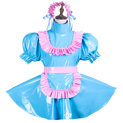 Fondcosplay Blue & Pink Thin PVC Lockable Sissy Maid Dress with Panties and Headpiece – Crossdressing Outfit [G3715]