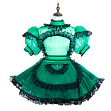 Fondcosplay Green Organza Lockable Sissy Maid Dress with Black Lace Apron – Crossdressing Outfit [G3726]