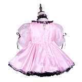 Fondcosplay Pink Satin & Organza Lockable Sissy Maid Dress with Black Lace – Crossdressing Outfit [G3730]
