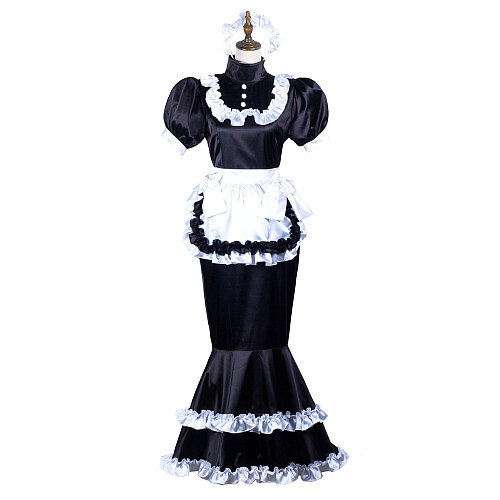 Fondcosplay Black Satin Lockable Long Mermaid Sissy Maid Dress with Apron and Headpiece – Crossdressing Outfit [G3721]